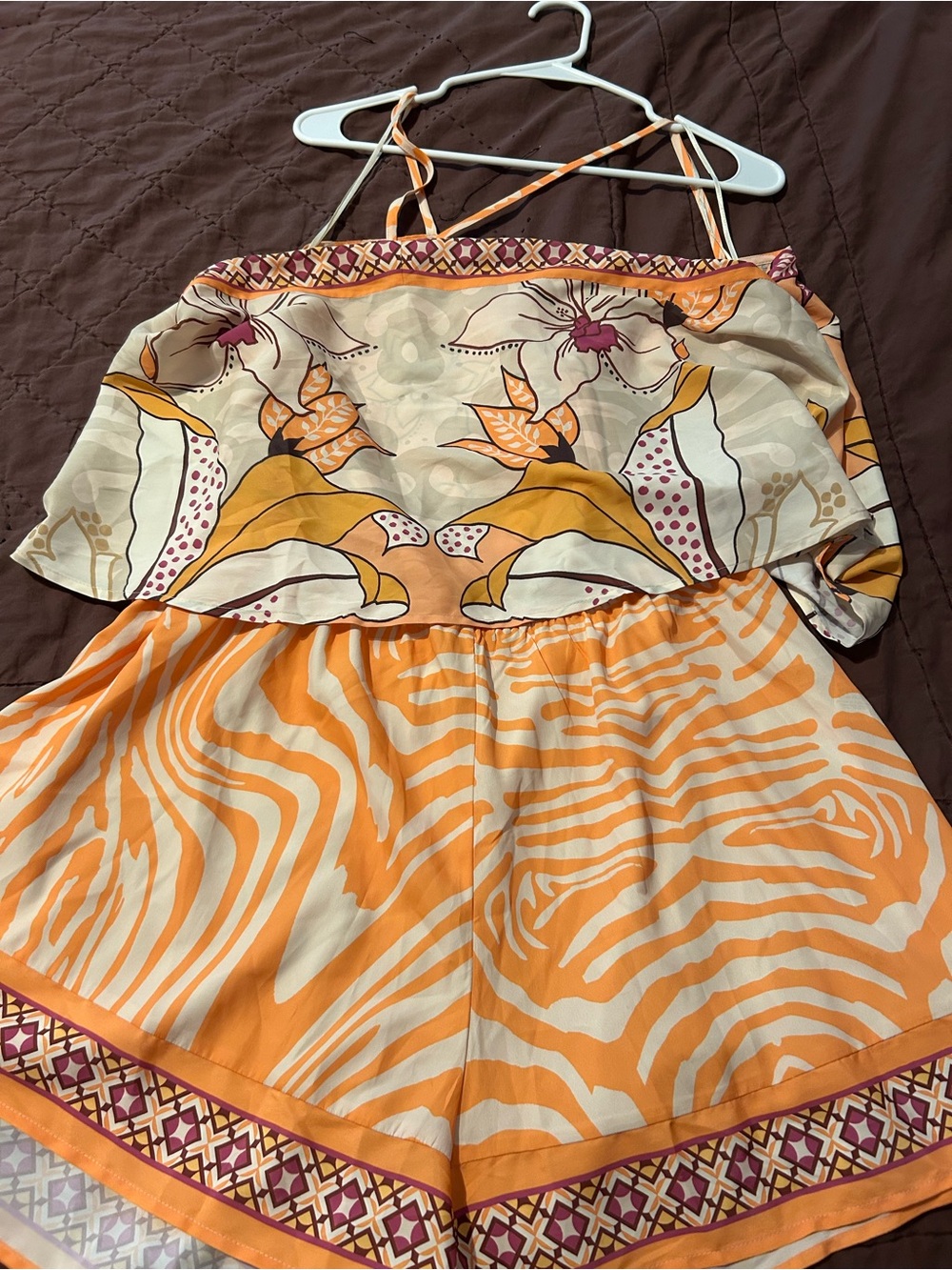 Floral & Zebra Print Orange Women's Strap Romper